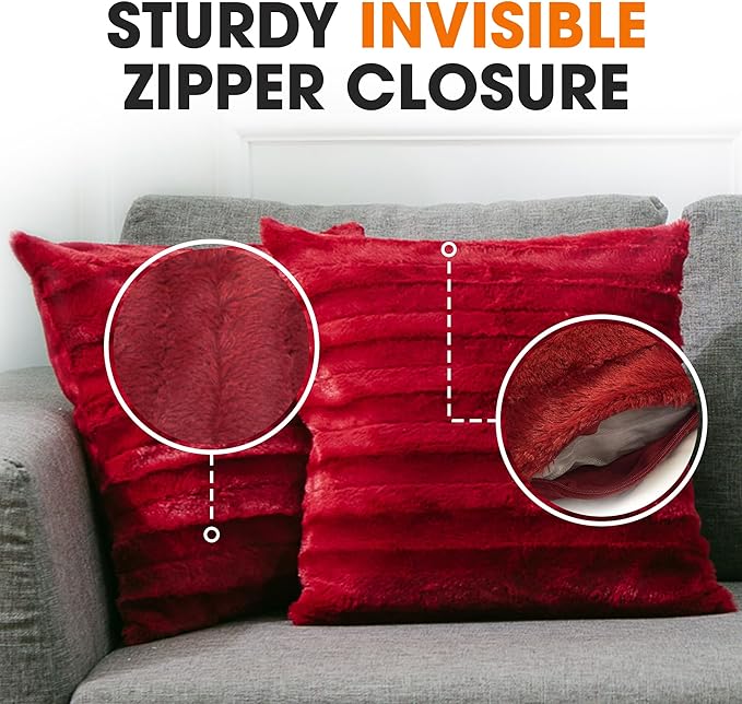 Cheer Collection Faux Fur Throw Pillows - Decorative Pillows for Couch, Bed Throw Pillows, Maroon Accent Pillows for Bedroom or Living Room Aesthetic, Set of 2 Furry Throw Pillows, 24" x 24"