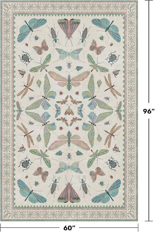 Hazo Haus Green and Blue Nursery Rug 5x8 - Washable Soft Area Rugs for Bedroom Under Bed, Living Room, Vintage Floral Butterfly Fun Indoor Floor Decor