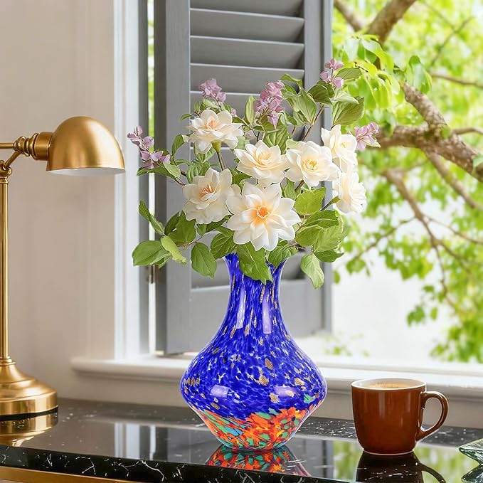 KAMMAK Colored Glass Vase, Beautiful Hand Blown Decorative Vase, Modern Art Vase for Flower Mantle Dining Table Centerpiece, Entryway Living Room Wedding Decoration, HR010