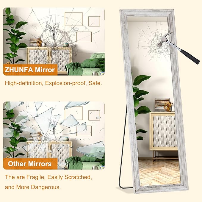 ZHUNFA Full Length Mirror,65x22 Inch Full Length Mirror Wall Mounted,Vertical Hanging,Leaning Standing for Bedroom,Living Room,Rectangular Wooden Frame,Wood White Color.