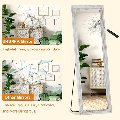 ZHUNFA Full Length Mirror,65x22 Inch Full Length Mirror Wall Mounted,Vertical Hanging,Leaning Standing for Bedroom,Living Room,Rectangular Wooden Frame,Wood White Color.
