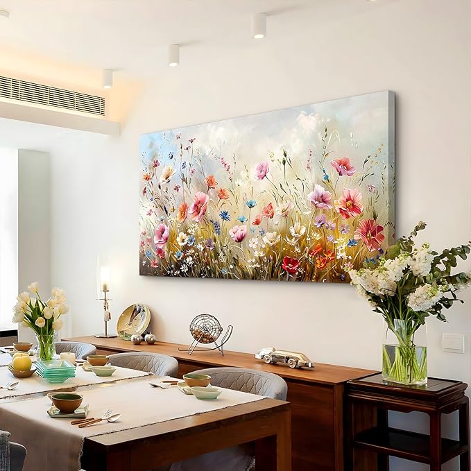 crmotu Large Wall Art for Living Room, Flower Market Botanical Prints, Floral Nature Decor Canvas Pictures, Meadow Wildflower Rustic Home Decorations, Modern Bedroom Farmhouse Wall Decor 29"X57"