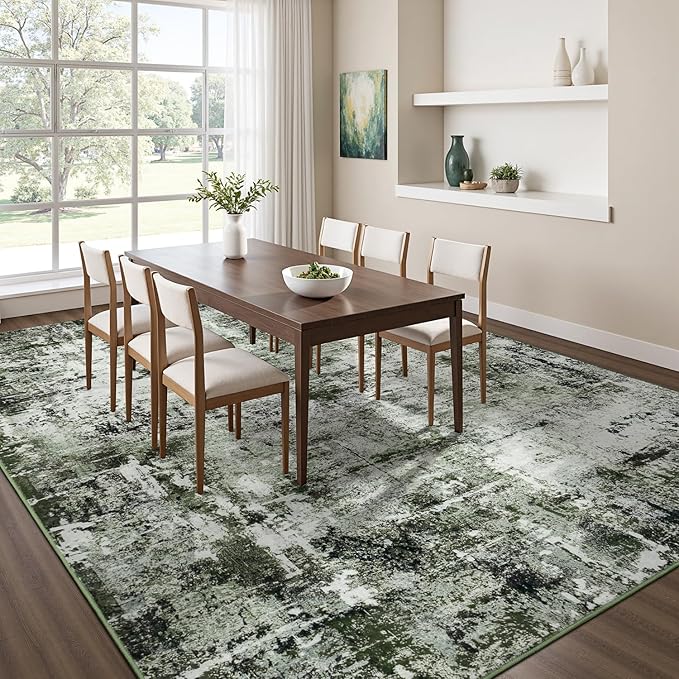 Rugflix 5x7 Area Rugs for Living Room, Washable Large Rug Stain-Resistant Low Pile, Modern Dark Carpet for Dining Room Home Office Kid Room Nursery Bedroom, Dark Green
