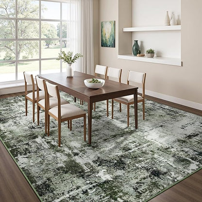 Rugflix 5x7 Area Rugs for Living Room, Washable Large Rug Stain-Resistant Low Pile, Modern Dark Carpet for Dining Room Home Office Kid Room Nursery Bedroom, Dark Green