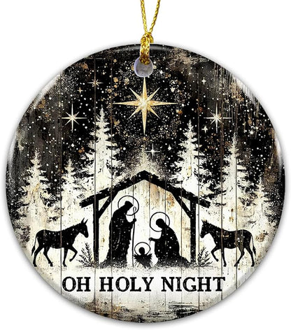 Oh Holy Night Nativity Ornament 2025 – Gift for Congregation, Rustic Christian Décor Featuring Manger Scene with Baby Jesus, Mary, Joseph, Star of Bethlehem, Religious Keepsake for Faith-Based