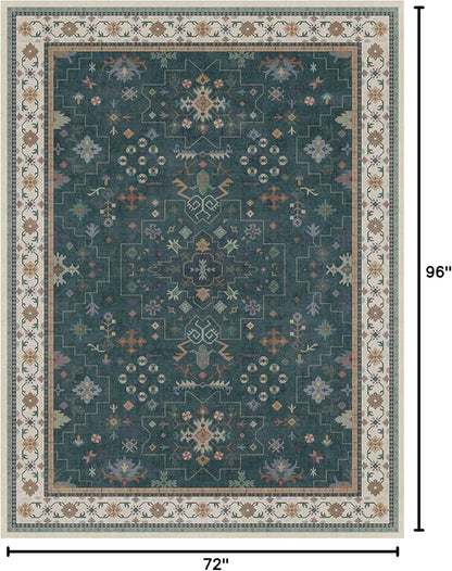 Hazo Haus Vintage Dark Green 6x8 Dining Room Rugs for Under Kitchen Table - Washable Livinig Room Rug - Unique Floral Pastel Low Pile Non-Slip Area Rugs for Bedroom