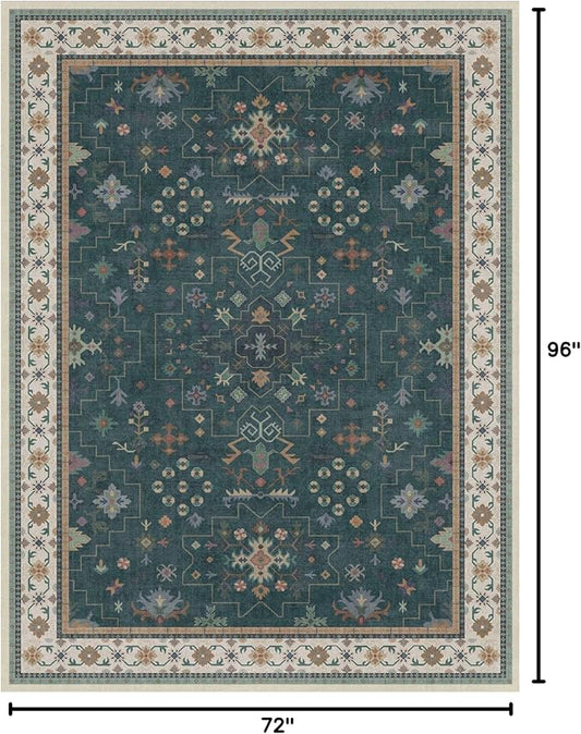Hazo Haus Vintage Dark Green 6x8 Dining Room Rugs for Under Kitchen Table - Washable Livinig Room Rug - Unique Floral Pastel Low Pile Non-Slip Area Rugs for Bedroom