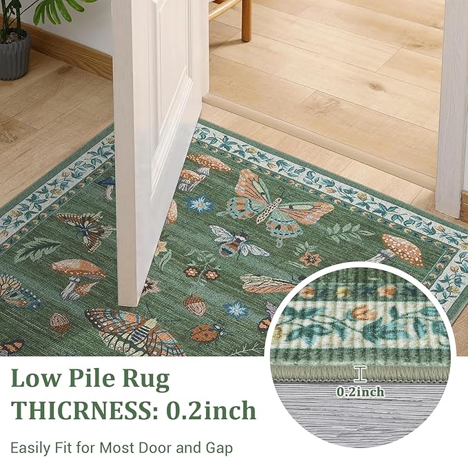 2.5x8 Runner Rug for Hallway Washable Kitchen Rugs Non Slip with Rubber Back Mushroom Soft Low-Pile Stain Resistant Foldable Indoor Carpet for Entryway Laundry Room Floor Mats Green