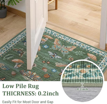 2.5x8 Runner Rug for Hallway Washable Kitchen Rugs Non Slip with Rubber Back Mushroom Soft Low-Pile Stain Resistant Foldable Indoor Carpet for Entryway Laundry Room Floor Mats Green