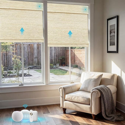 Motorized Bamboo Roman Shades, Motorized Blinds with Remote Compatible with Homekit, Alexa GoogleHome, Smart Wood Woven Shades for Indoor Windows, Customize, Desert Haze