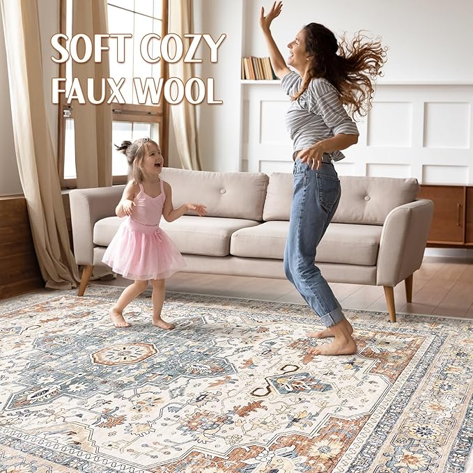 8x12 Area Rugs Living Room: Washable Boho Large Neutral Vintage Soft Rug Stain Resistant Distressed Farmhouse Non-Slip Indoor Floor Carpet for Bedroom Nursery Kids Office Dining Room- Beige Blue