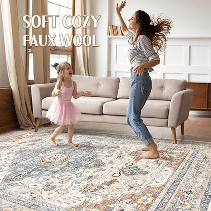 5x7 Area Rugs Living Room: Washable Boho Large Neutral Vintage Soft Rug Stain Resistant Distressed Farmhouse Non-Slip Indoor Floor Carpet for Bedroom Nursery Kids Office Dining Room- Beige Blue
