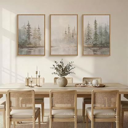 HPNIUB Modern Misty Pine Tree Framed Wall Art Set,Neutral Abstract Landscape Wall Decor,Nature Foggy Forest Art Print,Beige Rustic Farmhouse Artwork for Living Room, Bedroom,Office-24 x36 x3