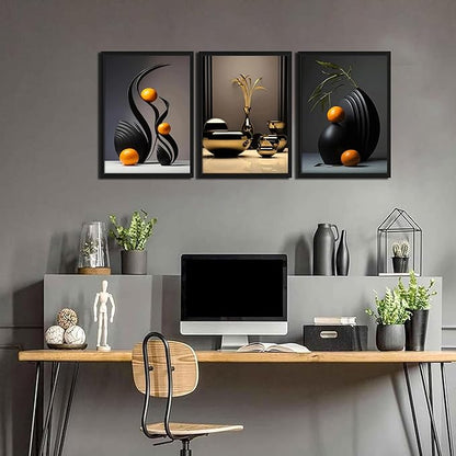 raiqtols Modern Abstract Framed Wall Art for Living Room Set of 3 – Bright Style Orange Still Life Canvas Prints, Smooth Surface Vase Wall Decor with Black Wood Frame for Bedroom Bathroom Office – 16x24in