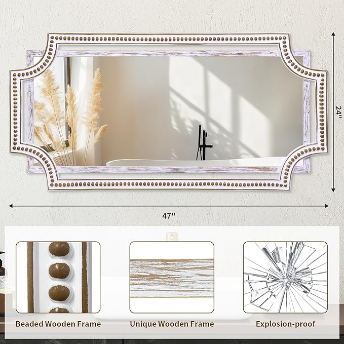 HOITUZYUS 24x47 Inch Large Wooden Farmhouse Wall Mirror, Rustic Decorative Mirrors for Living Room, Bedroom, Bathroom, Entryway - Horizontally or Vertically Mount