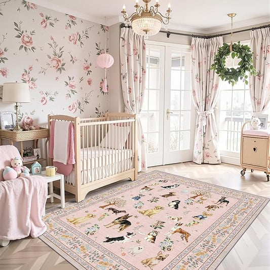 Area Rug 4x6 Pink Rug, Washable Dog Rugs Non Slip Low Pile Floral Small Carpet for Bedroom, Bedside, Kids Room, Office, Dining Room