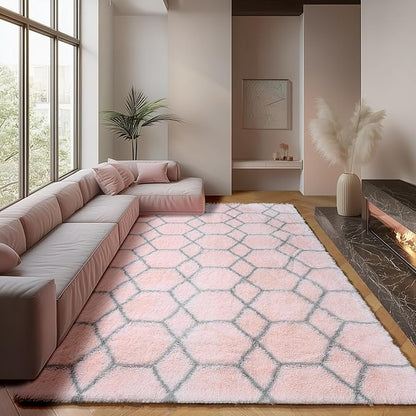 ONASAR 7x9 Area Rugs for Living Room Bedroom, Large Fluffy Pink and Grey Throw Rug, Geometric Soft Plush Shaggy Indoor Floor Carpet for Nursery Kids Girls Boys Teen Dorm Home Decor Aesthetic