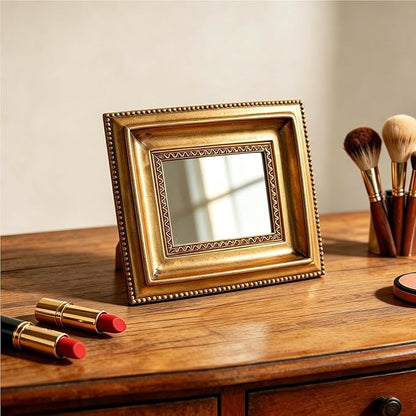 Golden Mini Vintage Mirror with Exquisite Relief Elegant Wall Decor for Bedroom Dresser Table Compact Resin Retro Design (Gold Rectangle, 4.5X5.5)