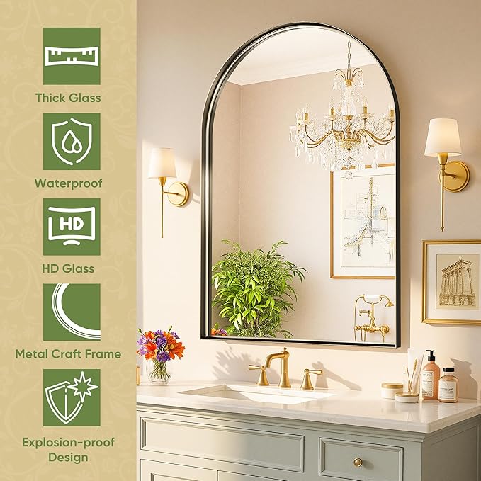 Arched Bathroom Mirror, 30x40 Inch Black Arched Wall Mirror with Metal Deep Frame, Arch Mirrors for Wall Decor, Vanity, Entryway, Living Room