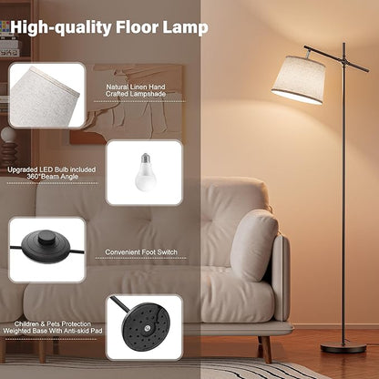 SIBRILLE Floor Lamp with Linen Shade, Dimmable Tall Standing Lamp with Remote Control & 3 Color Temperatures Bulb, Modern Swing Arm Floor Lamps for Living Room Bedroom Office Corner