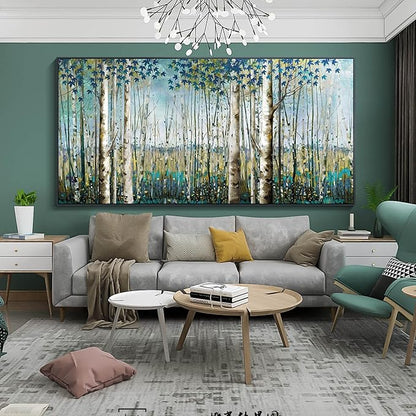 Pogusmavi Tree of Life Wall Art - Large Nature Birch Tree Canvas Painting for Home Decor | Framed Green Artwork for Living Room, Bedroom, and Office | Teal Wall Art Decoration 24x48 Inch