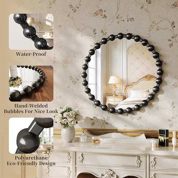 Round Vanity Mirror with Beaded Frame, 24 Inch Circle Wall Mirror for Bedroom Dresser, Entryway, Bathroom, Living Room, Decorative Hanging Wall Mirror, Black