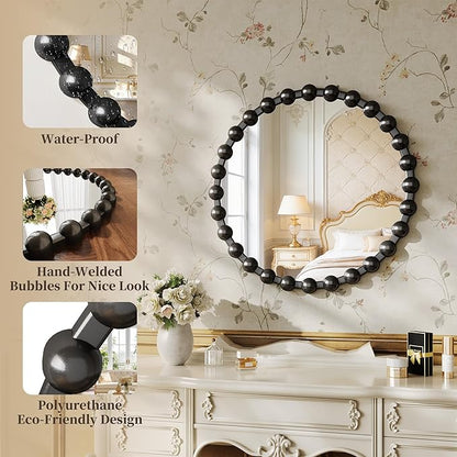 Round Vanity Mirror with Beaded Frame, 24 Inch Circle Wall Mirror for Bedroom Dresser, Entryway, Bathroom, Living Room, Decorative Hanging Wall Mirror, Black
