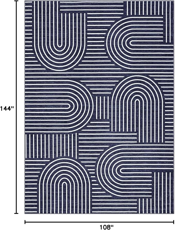 ROYHOME Washable Rug 9x12 Area Rugs for Living Room, Abstract Rug for Bedroom, Soft Rainbow Non Slip Throw Rugs with Rubber Back, Low Pile Stain Resistant Boho Geometric Carpet for Dining Room, Blue