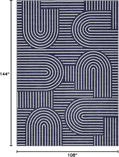ROYHOME Washable Rug 9x12 Area Rugs for Living Room, Abstract Rug for Bedroom, Soft Rainbow Non Slip Throw Rugs with Rubber Back, Low Pile Stain Resistant Boho Geometric Carpet for Dining Room, Blue