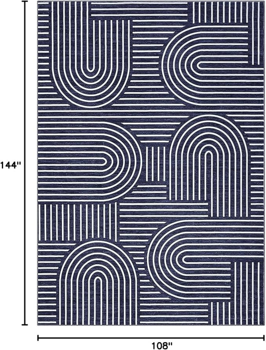 ROYHOME Washable Rug 9x12 Area Rugs for Living Room, Abstract Rug for Bedroom, Soft Rainbow Non Slip Throw Rugs with Rubber Back, Low Pile Stain Resistant Boho Geometric Carpet for Dining Room, Blue