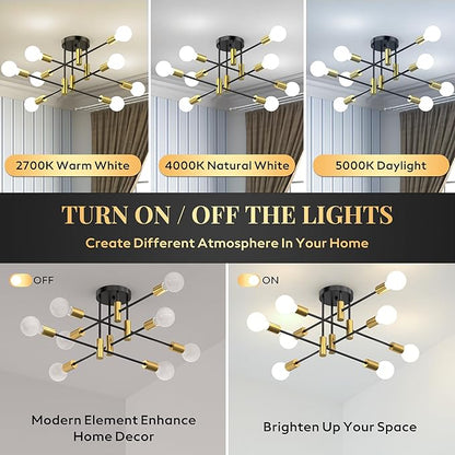 Modern Sputnik Chandelier Ceiling Light Fixture, 8-Light Mid Century Industrial Semi Flush Mount Light for Dining Room, Kitchen Island, Bedroom, Living Room, Matte Black and Gold, Adjustable Arms