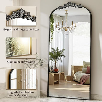 Dewfig Arched Full Length Mirror, 71"x32" Full Body Mirrors with Carved, Floor Mirror for HomeDecor, Standing/Halling Large Wall Mirror for Bedroom, Living Room, Cloakroom, Black, Retro Style