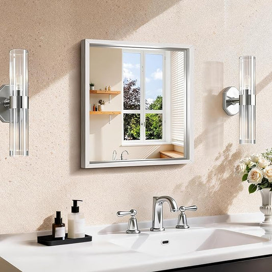 CIRCUMI 14"x16" Brushed Silver Mirror with Chunky Box Metal Frame, Bathroom Mirror for Vanity Remodel & New Home, Living Room, Entryway, Rectangular Wall Mirror, Tempered Glass, Vertical or Horizontal