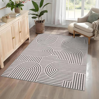 Washable Rug 4x6 Area Rugs for Living Room, Abstract Rug for Bedroom, Soft Rainbow Non Slip Throw Rugs with Rubber Back, Low Pile Stain Resistant Boho Geometric Carpet for Dining Room, LightCamel