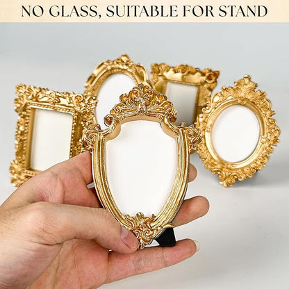 97 Decor Small Gold Picture Frames Set - 5 Pcs Vintage Mini Picture Frames Gold, Oval Rectangle Baroque Gallery Wall Frame Pack, Assorted Vintage Frame Set For Wall Decor (With Backing, Without Glass)