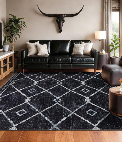 YIHOUSE Moroccan Rugs for Living Room, 8x10 Black and White Aztec Area Rug, Western Geometric Soft Low-Pile Washable Rugs for Bedroom, Dining Room