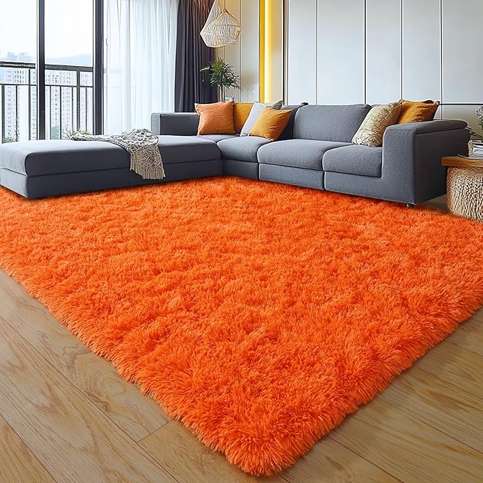 9x12 Large Area Rugs for Living Room, Orange Fluffy Shag Rug for Bedroom and Nursery, Soft and Comfy, Big Fuzzy Carpet for Kids, Girls, Boys Room Dorm Home Decor Aesthetic, Upgrade Non Slip