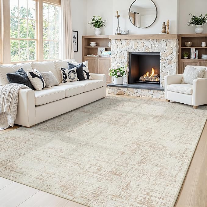 5x7 Area Rugs for Living Room Washable Rug: Anti-Skid Abstract Modern Living Room Rug Soft Thin Carpets Indoor Floor Non-Shedding Carpet for Bedroom Dining Farmhouse Nursery Beige White