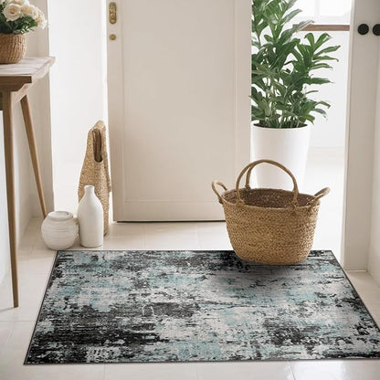 RELEANY Washable Area Rugs 3'x5' Non-Slip Modern Abstract Soft for Living Room Entryway Bedroom Nursery, Print Pattern, Blue Black Teal