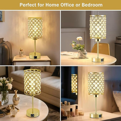 GyroVu Crystal Table Lamps Set of 2, Gold Touch Lamp for Nightstand with USB C+A Ports, Dimmable Small Bedside Lamp with Crystal Shade, End Table Desk Lamps for Bedroom, Living Room(Buld Included)