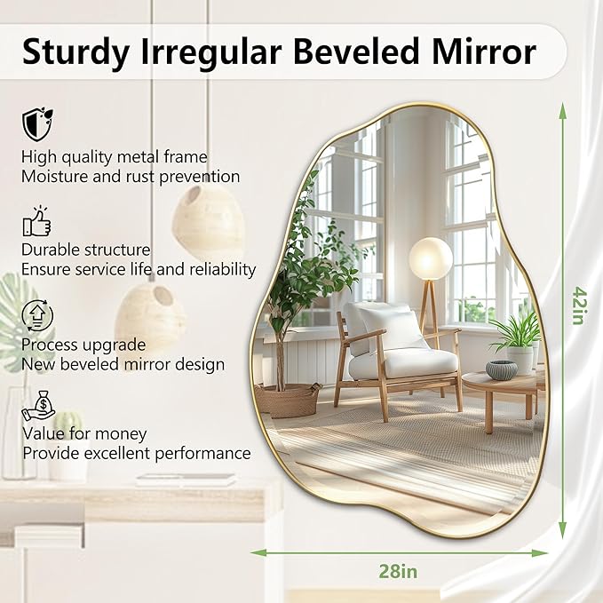 POZINO Irregular Beveled Mirror, 42"x28" Asymmetrical Bathroom Vanity Mirror with Gold Metal Frame, Cloud Shaped Wall Mirrors for Living Room Bedroom Hallway Entryway, Horizontal/Vertical Hanging