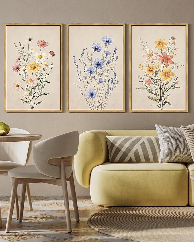 Drsoum Vintage Flower Bouquet Wall Art Framed Retro Bohemian Boho Colorful Floral Plant Rustic Artwork Nature Botanical Wildflower Prints Bedroom Living Room Ready to Hang 16x24in Natural Framed