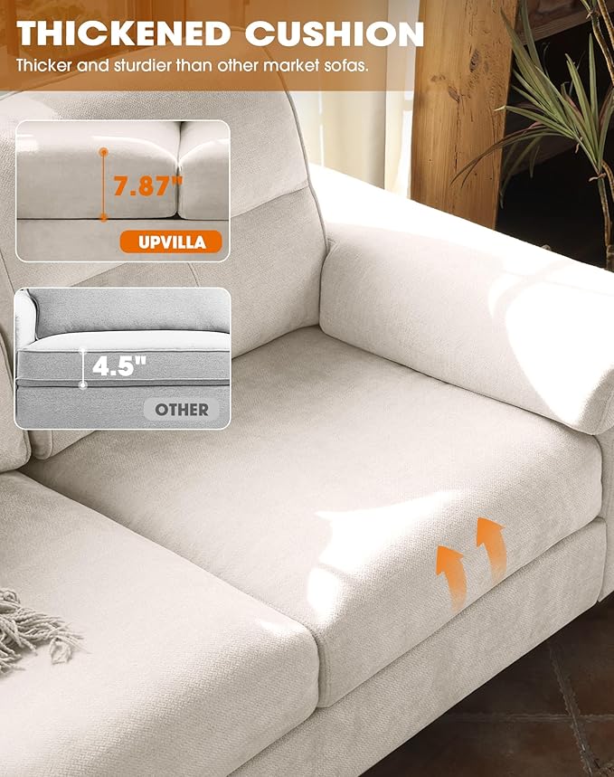 Upvilla 88.97" Modern Couches for Living Room, Deep Seat Sofa with 8” Cushion, Comfy 2-Seater Chenille Loveseat Sofa with Convertible Armrest, Removable Sofa Cover, High Leg (Beige)
