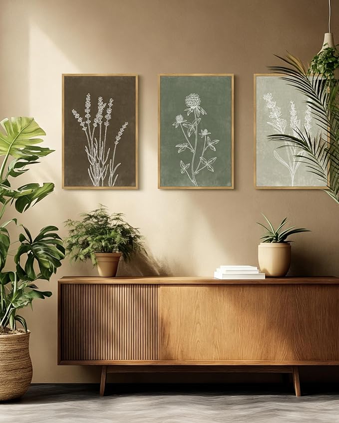 Drsoum Vintage Boho Flower Wall Art Framed Retro Botanical Floral Wall Prints Wildflower Neutral Rustic Bohemain Artwork Bedroom Ready to Hang 16x24in Natural Framed