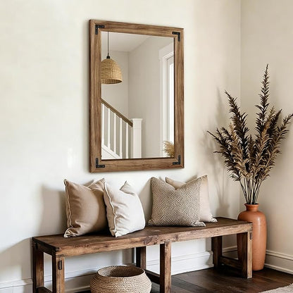 AMOISE Farmhouse Bathroom Vanity Mirror, 40" x 28" Wood Frame Wall Mirror, Vintage Rustic Decor for Entryway, Bedroom, Living Room, Vertical or Horizontal Hanging