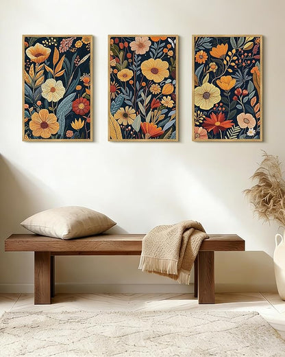 Drsoum Vintage Flower Wall Art Framed Retro Bohemian Boho Colorful Floral Plant Rustic Artwork Nature Botanical Wildflower Prints Bedroom Living Room Ready to Hang 16x24in Natural Framed