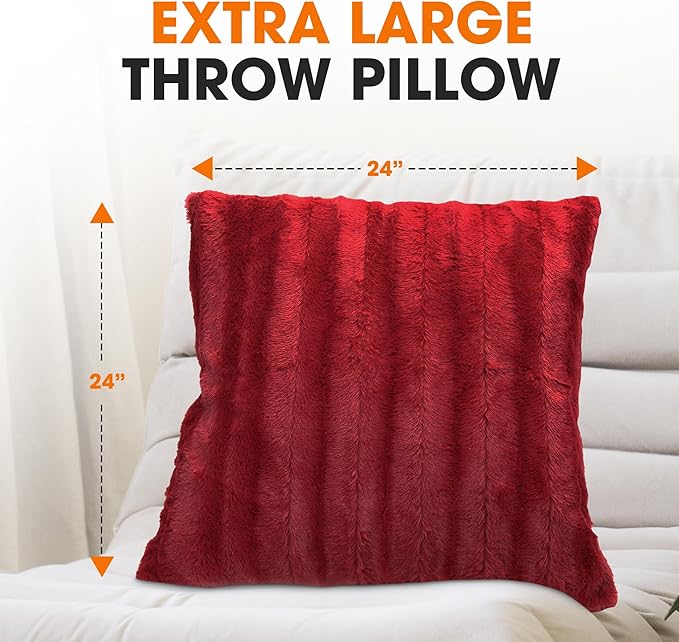 Cheer Collection Faux Fur Throw Pillows - Decorative Pillows for Couch, Bed Throw Pillows, Maroon Accent Pillows for Bedroom or Living Room Aesthetic, Set of 2 Furry Throw Pillows, 24" x 24"