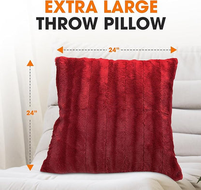 Cheer Collection Faux Fur Throw Pillows - Decorative Pillows for Couch, Bed Throw Pillows, Maroon Accent Pillows for Bedroom or Living Room Aesthetic, Set of 2 Furry Throw Pillows, 24" x 24"