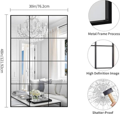 YIROMAN Window Pane Mirror, 30x48 Inch Black Rectangular Mirrors for Wall Mounted Decor, Large Window Metal Framed Mirror for Bedroom Living Room Fireplace Entryway, Hanging or Leaning Against Wall