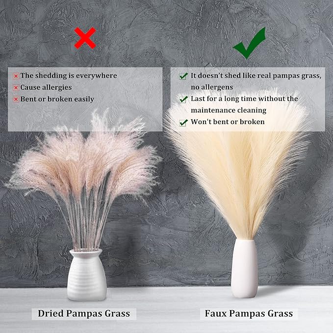 Faux Pampas Grass, 18"/45cm Artificial Pampas Grass Fluffy 6 Stem pompous Grass Flower Arrangement for Boho Home Wedding Decoration(Grey)